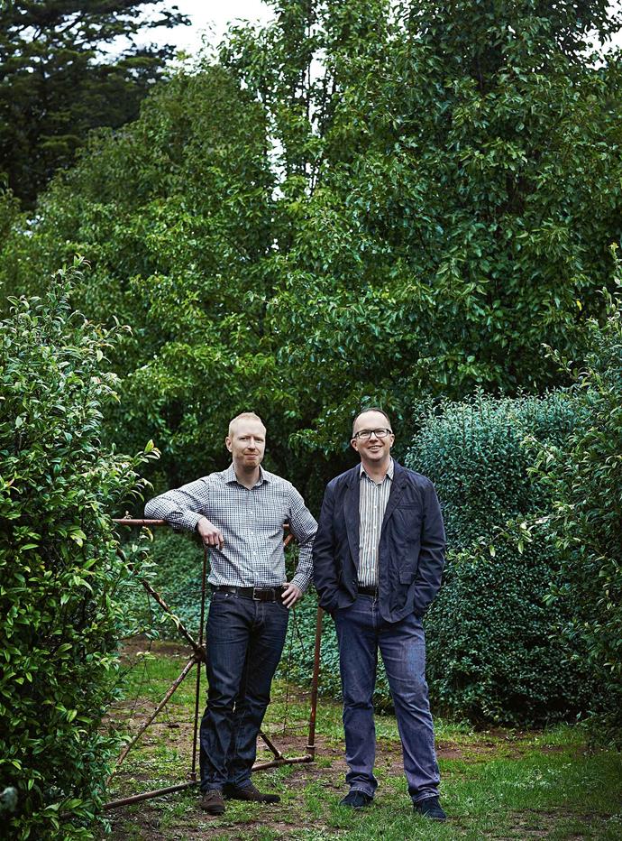 Nigel Smith (left) and Andrew Lowth in the garden. Newlyn, halfway between Daylesford and Ballarat, is known for its rich red volcanic soil and reliable rainfall. Their home has been elegantly refurbished with beautiful textiles, wallpapers and rugs, artworks and pieces they've collected over time. Although rich in detail, the interiors evoke the country in a confident, relaxed and practical way.