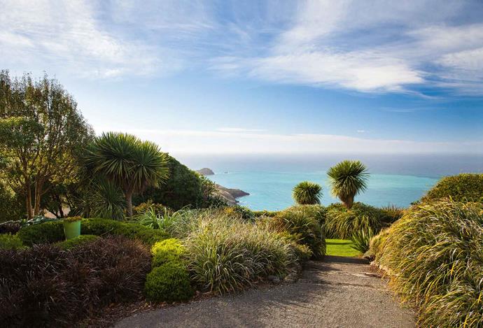 The glorious view from Fishermans Bay Garden on the Banks Peninsula of New Zealand's South Island. The signature trees are Cordyline australis, commonly known as cabbage trees. Another of New Zealand's favourite perennials, Astelia, lines the pathway. "I've always known that gardens are part of their surroundings and that one should take advantage of a shared landscape when laying out a garden," Jill says.