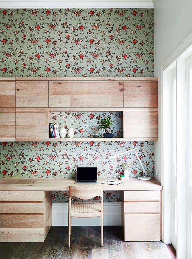Elegant cabinetry, an exquisite [wallpaper](https://www.homestolove.com.au/wallpaper-design-ideas-to-inspire-6635|target="_blank") and a new outlook complete a refreshing update in this Melbourne home office.