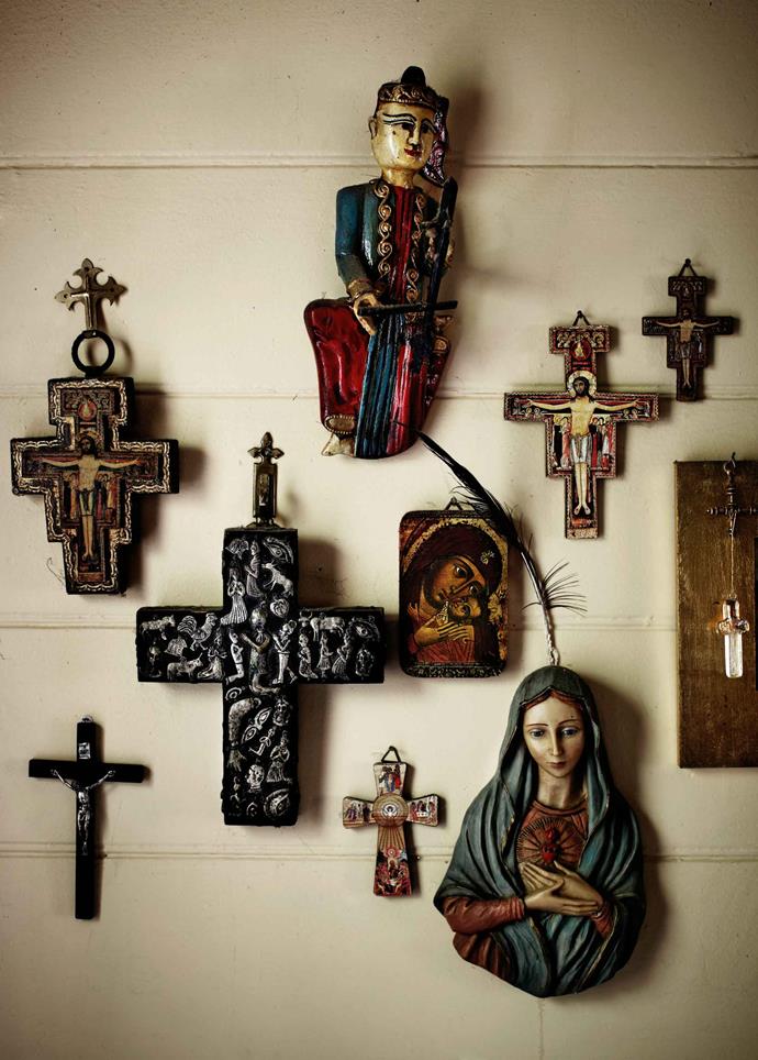 Other little treasures embellish the interior — a collection of crucifixes from cathedrals all over the world, a pair of antique English candlesticks; her father's favourite Jean-Jacques Henner print, and plates from the French countryside, carried home as hand luggage.