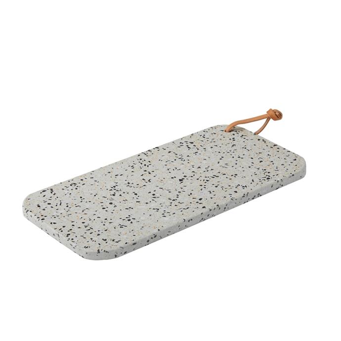 **TINY CHEESE PLATTER**<p>
<p>Haven't you heard? [Trendy terrazzo](https://www.homestolove.com.au/terrazzo-trend-2018-marble-5947|target="_blank") is having a moment. Infinitely more youthful than traditional marble, terrazzo is the ultimate wingman every grown-up house-party should have. <P>
<p>'Amalfi' terrazzo rectangular **board**, $39.99, from [House](https://fave.co/2YKOD5u|target="_blank"|rel="nofollow").<P>