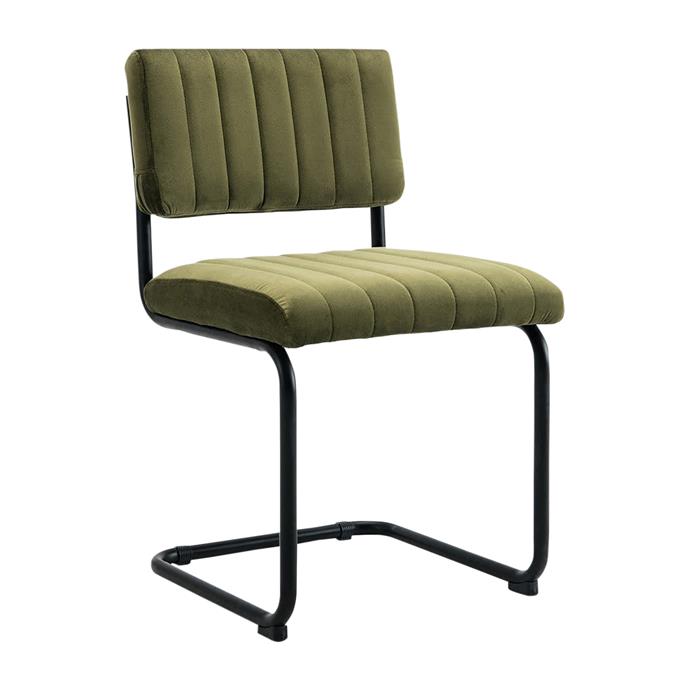 Blake velvet dining chair in Olive, $295, [Life Interiors]9https://www.lifeinteriors.com.au/life-interiors-blake-velvet-dining-chair-olive|target="_blank"|rel="nofollow")