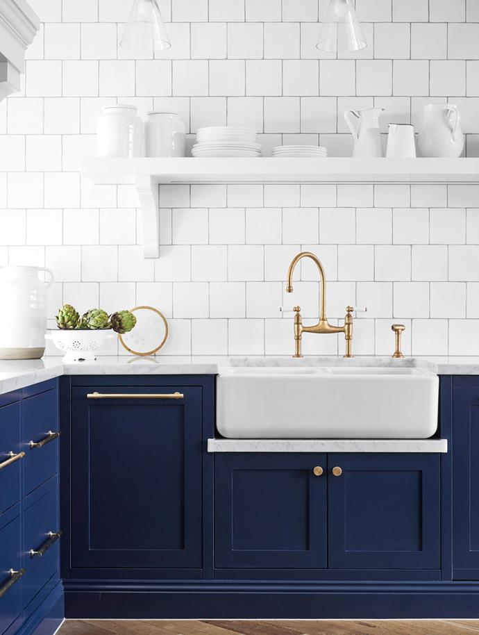 "It's not true navy," says Kate of the colour, Dulux Pacific Line. "It's a chameleon and changes with the light. It's iridescent blue in the morning light and turns dark navy/charcoal at night. Pairing it with white was the obvious choice – it allows the blue to shine."