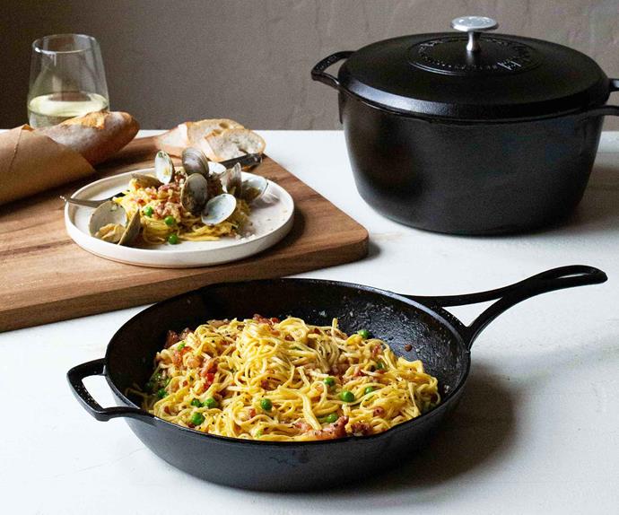 Cast iron pan filled with pasta