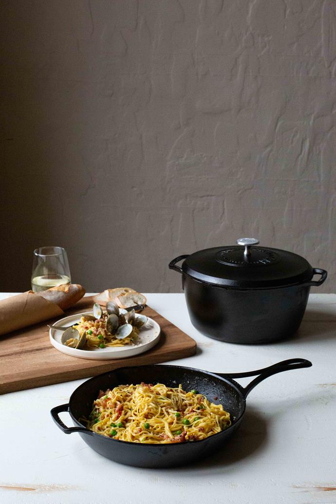 Cast iron pans are versatile and can be used for delicate dishes such as pasta and hearty dishes such as pies and roasts.