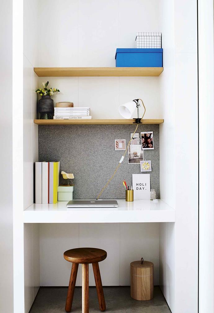 A stool is perfect for a nook that won't be used for long periods of time as it can be stowed under the desk when not in use. For a custom-built space, don't forget to allow for plenty of power and charging outlets (hide them out of sight if you can).