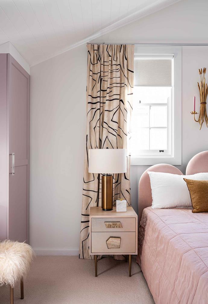 **Stella's room** "She is always going through my design books and loves a 1940s theme," says her mum. Poppy bedhead from [Heatherly Design](https://heatherlydesign.com.au/|target="_blank"|rel="nofollow"). Roar + Rabbit bedside table, [West Elm](http://www.westelm.com.au/|target="_blank"|rel="nofollow"). Antique wheat-themed wall sconce bought in New York. Wardrobe painted [Taubmans](https://www.taubmans.com.au/homeowners|target="_blank"|rel="nofollow") Soft Slippers. Kelly Wearstler 'Graffito' curtain fabric, [Elliott Clarke Fabrics](https://www.elliottclarke.com.au/|target="_blank"|rel="nofollow"). Bronze lamp, [West Elm](http://www.westelm.com.au/|target="_blank"|rel="nofollow"). Sheepskin stool, [CB2](https://www.cb2.com/|target="_blank"|rel="nofollow").