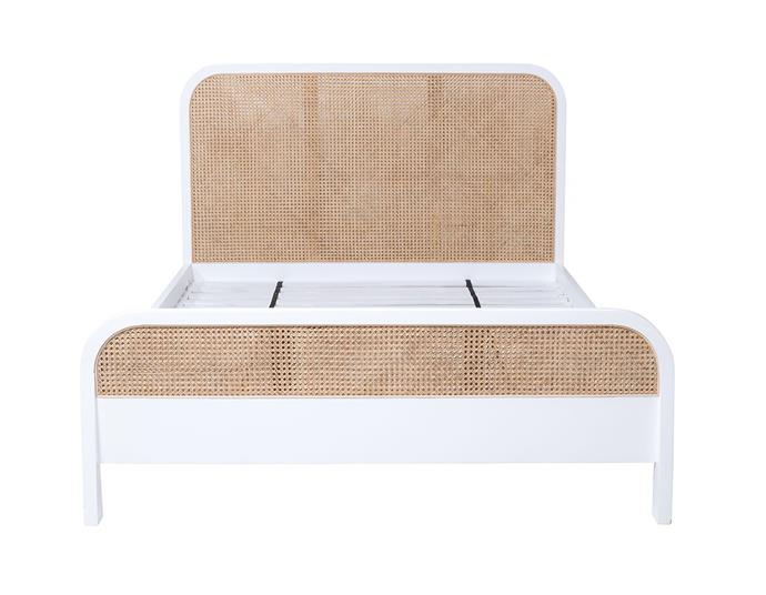 Willow queen bed in mangowood/rattan white, $1987, at [Oz Design Furniture](https://ozdesignfurniture.com.au/furniture/bedroom/beds/willow-queen-bed-in-mangowood-rattan-white|target="_blank"|rel="nofollow")
