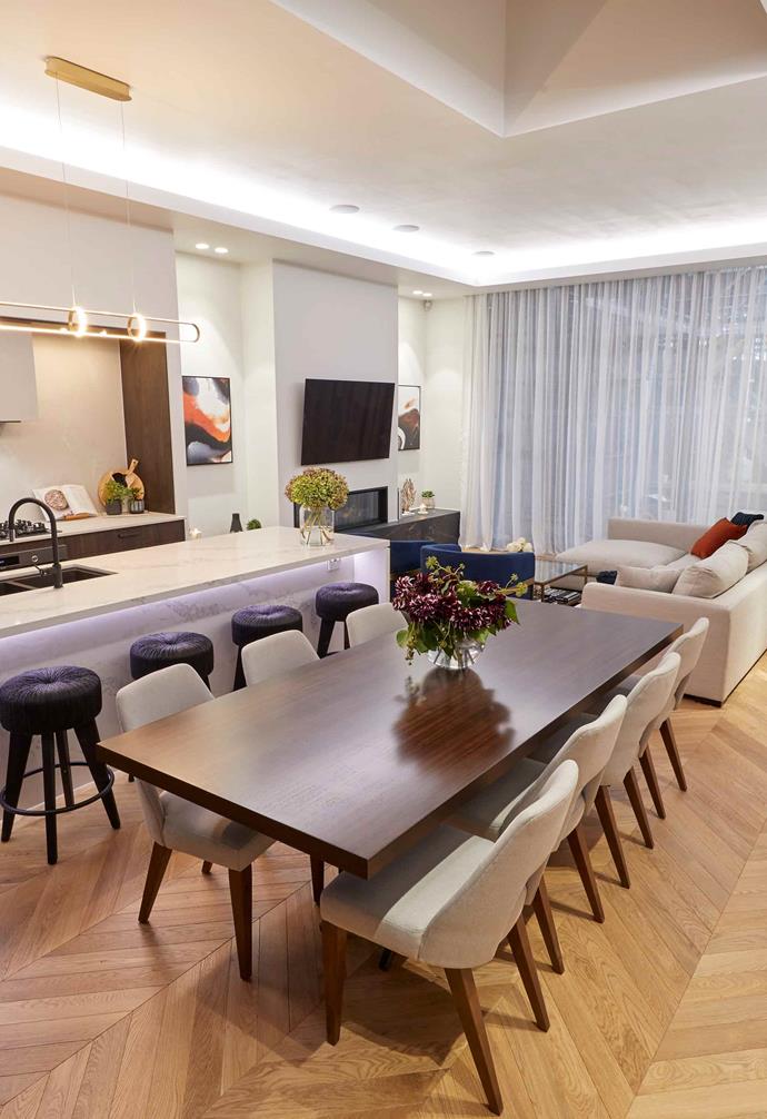 **Week 8, Living and Dining** Jesse and Mel made the most of their kitchen layout by placing their dining table parallel to the kitchen island in [living and dining room week](https://www.homestolove.com.au/the-block-2019-living-and-dining-room-reveals-20694|target="_blank"). Darren loved the layout and functionality of the spaces and commented that the teams who had not chosen this layout were missing out.