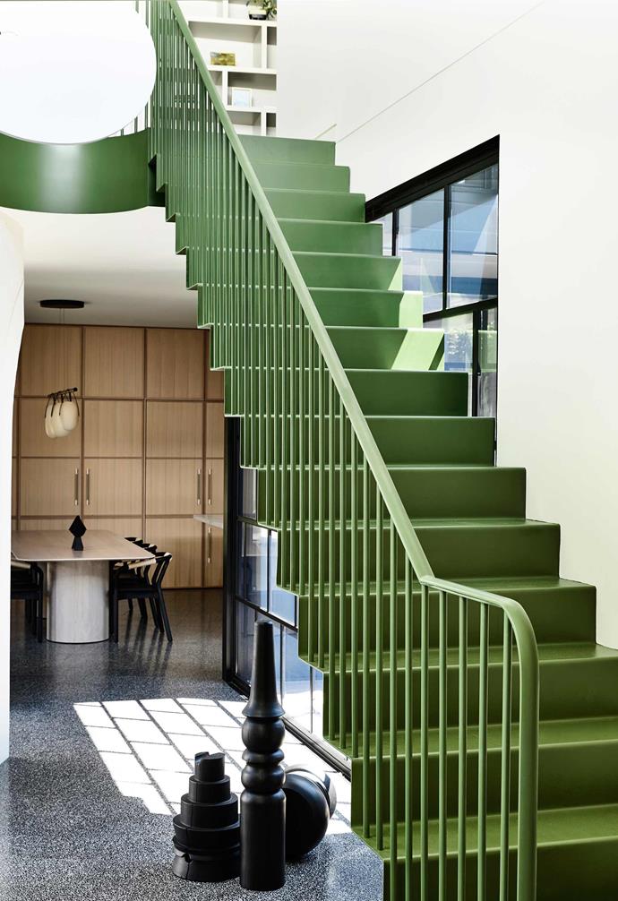 **Staircase** The stairway creates a lush pop of colour in an otherwise neutral palette, while the black timber sculptures by Jo Wilson offer a counterpoint to the straight lines. Terrazzo tiles from [Signorino Tile Gallery](https://www.signorino.com.au/|target="_blank"|rel="nofollow") link to the outdoors. Artwork: White Tree by Kevin Lincoln, [Niagara Galleries](https://niagaragalleries.com.au/|target="_blank"|rel="nofollow").