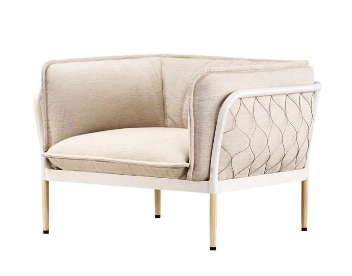 Adam Goodrum 'Trace' outdoor armchair with premium outdoor fabric upholstery, $5952, from [Tait](https://madebytait.com.au/product/trace-armchair/|target="_blank"|rel="nofollow")