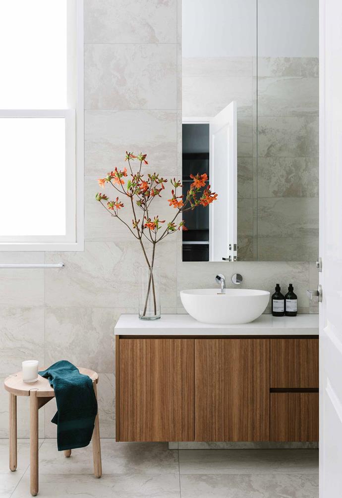 **Ensuite** The vanity in Ben and Karly's ensuite features a crisp top in [Caesarstone](https://www.caesarstone.com.au/|target="_blank"|rel="nofollow") 'Organic White'. It's teamed with a Kado Lussi basin and Milli Pure tapware, both [Reece](https://www.reece.com.au/|target="_blank"|rel="nofollow"). The stool is from [MRD Home](https://mrdhome.com.au/|target="_blank"|rel="nofollow") and tiles, [De Lucia Tile Gallery](https://www.delucia.com.au/|target="_blank"|rel="nofollow").