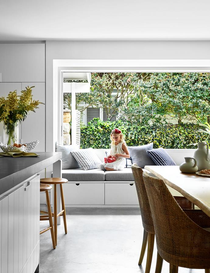 Astrid takes advantage of the light streaming into the [open-plan dining space](https://www.homestolove.com.au/the-best-kitchens-and-dining-zones-of-2017-17817|target="_blank"). Roxton stools, Bristol dining table and Miami chairs, all Coco Republic.