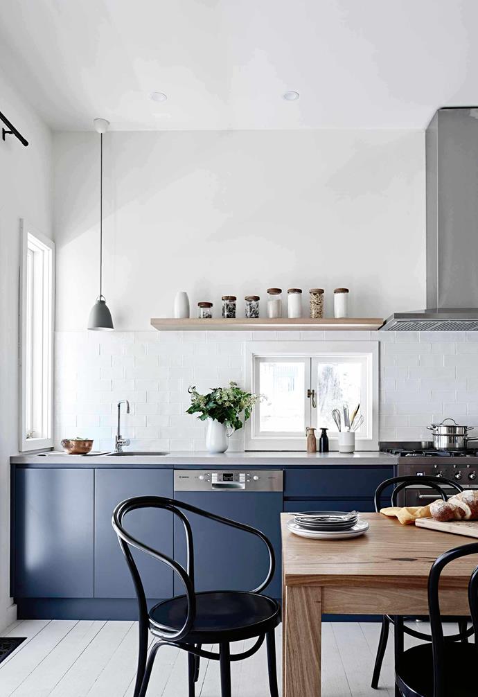 In the renovation of this [weatherboard cottage](https://www.homestolove.com.au/weatherboard-cottage-daylesford-17070|target="_blank"), the mostly-white palette in the kitchen space was given a pop of colour with vivid Classic Blue [coloured kitchen cabinetry](https://www.homestolove.com.au/kitchen-cabinet-colour-ideas-17864|target="_blank").