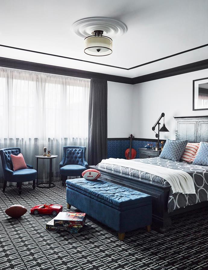 Pendant light, LightCo. Bed, bedside table, slipper chairs, and bench, all Restoration Hardware. Astoria Square wallpaper, Greg Natale for Porter's Paints. Warren pulley lamp, Pottery Barn. Bedlinen, Lacoste. Print, Boyd Blue. Thierry carpet, Greg Natale for Designer Rugs (throughout).