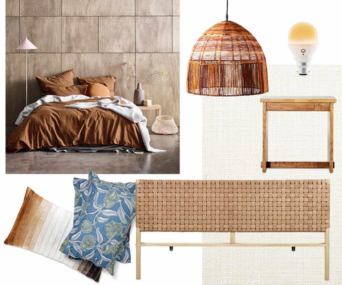 **Get the look** (clockwise from left) Vintage Stripe linen/cotton blend quilt-cover set in Cinnamon, $229, [Aura Home](https://www.aurahome.com.au/|target="_blank"|rel="nofollow"). Bula'bula Arts Gurrwilinywirriy Mundan (Bush String) pendant light shade, from $785, [Koskela](https://koskela.com.au/|target="_blank"|rel="nofollow"). Mini Day & Dusk smart lightbulb, $44.99, [LIFX](https://www.lifx.com/|target="_blank"|rel="nofollow"). Daintree timber bedside table, $399, [Snooze](https://www.snooze.com.au/|target="_blank"|rel="nofollow"). Ada Marble polyester-blend fabric (background), $55 per m, [Warwick Fabrics](https://www.warwick.com.au/|target="_blank"|rel="nofollow"). Seed woven-leather king bedhead in Natural, $1790, [Aura Home](https://www.aurahome.com.au/|target="_blank"|rel="nofollow"). Youngiana Blue hand-printed cotton pillowcases, $105 for two, [Utopia Goods](https://utopiagoods.com/|target="_blank"|rel="nofollow"). Louise leather cushion, $139, [Domayne](https://www.domayne.com.au/|target="_blank"|rel="nofollow").