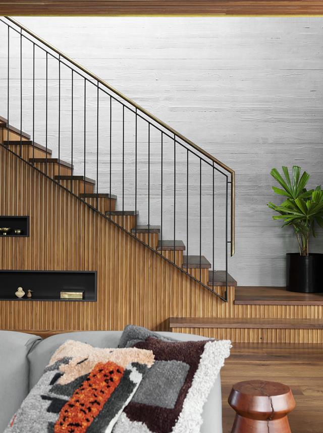 The repetition of ribbed timberwork is seen throughout this [modernist house] designed by architect Neil Cownie (https://www.homestolove.com.au/a-concrete-house-with-modernist-lines-19654|target="_blank"), including on the staircase.