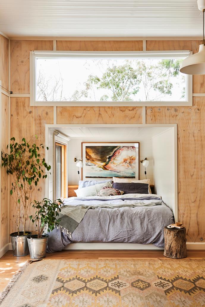 "We are quite simple people who don't have anything all that luxurious, but we really enjoy having things around us with a story and meaning," says Harriet Birrell, who lives in a secluded 40-square-metre corrugated iron and weatherboard [tiny house on Victoria's South Coast](https://www.homestolove.com.au/harriet-birrell-home-bellarine-peninsula-21082|target="_blank"). Her bedroom has just enough space for a bed, but the open-plan design and large window prevent the space from feeling cramped. Hemp bed linen from [Good Studios](https://www.goodstudios.com.au/collections/hempbedlinen|target="_blank"|rel="nofollow").