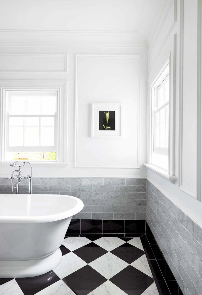 The Art Deco style of this [1940s Sydney apartment](http://www.homestolove.com.au/gallery-emma-and-tonis-luxurious-regency-style-home-2311|target="_blank") travels right through to the tranquil ensuite where bold floor tiles contrast seamlessly with the fresh white walls.