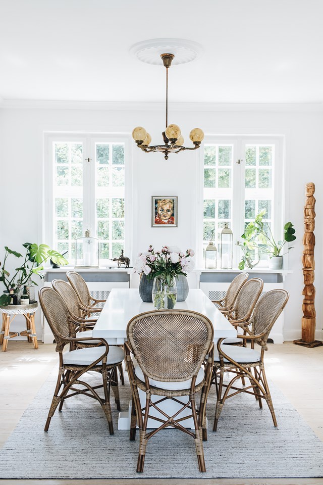 It's easy to see why this is Louise Andreasen's favourite spot in her home. "From my position there, I look directly out at the forest of beech trees behind the house. The changing seasons ensure it's a new view every day. I like to watch for deer wandering through." The Sika Design Rossini rattan chairs and Atmosphere wool rug, both from Domo, make the space feel warm and inviting.