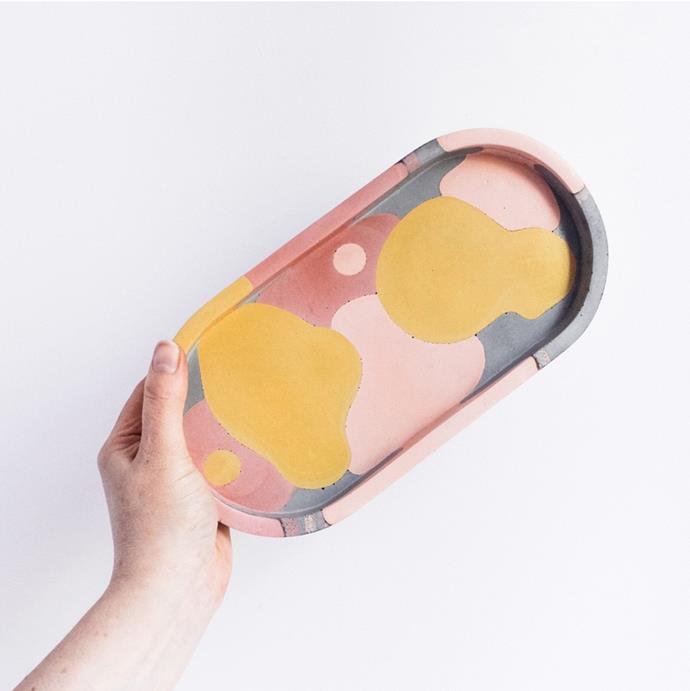 Mustard, Peach, Berry Oval Concrete Tray by Fox & Ramona, $75, [Life Interiors](https://www.lifeinteriors.com.au/fox-ramona-mustard-peach-berry-oval-concrete-tray|target="_blank"|rel="nofollow")