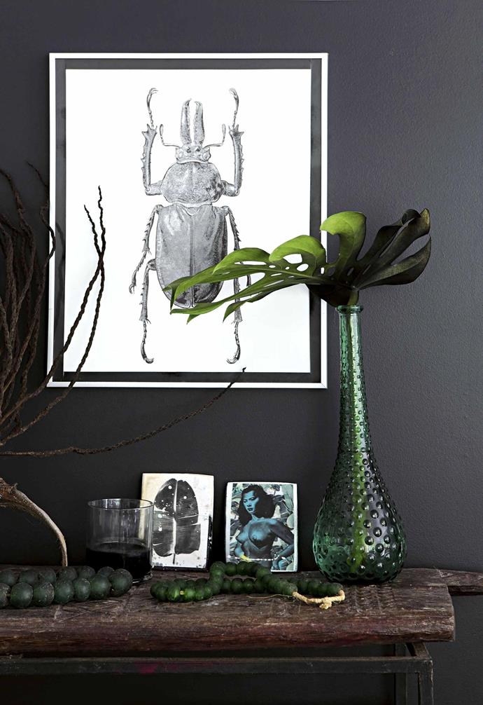**Feature wall** The console table is actually a hardwood door from an African mud hut that owner Lara made into a table using a wrought-iron frame. Lara drew the picture of the African beetle herself, and the two small pictures are by Jai Vasicek from [Ahoy Trader](https://ahoytrader.com/|target="_blank"|rel="nofollow").