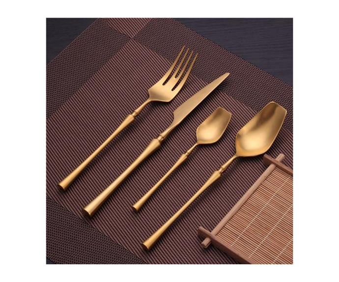 Gold stainless steel 4 piece cutlery set, $39.99, [Délicors](https://delicors.com/collections/about-eating/products/gold-stainless-steel-cutlery-set|target="_blank"|rel="nofollow")