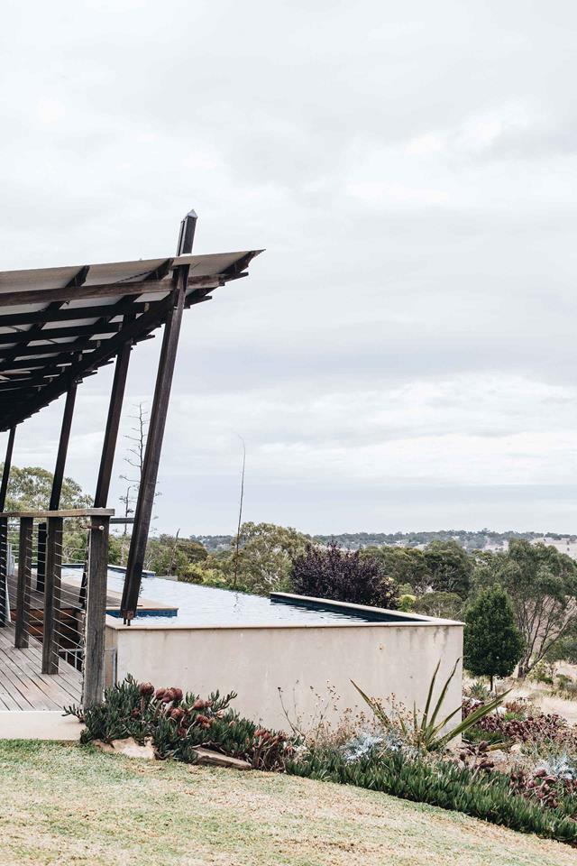 The modern lines of this concrete pool contrast with the sweeping drifts of the landscaping below, in a [modern formal garden](https://www.homestolove.com.au/modern-formal-garden-20647|target="_blank") shaped by Australia's harsh climate.