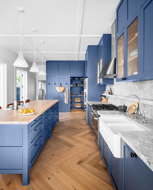 A deep tonal blue and a mix of natural, durable materials were the key ingredients in this [country-style kitchen](https://www.homestolove.com.au/blue-country-style-kitchen-21143|target="_blank") conceived by interior designer Georgie Shepherd.