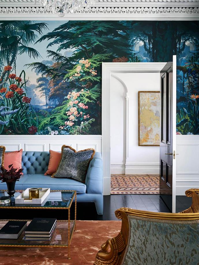 Splendid vision from architect Daniel Boddam and interior designer Stacey Kouros for transformed a tired [1880s terrace](https://www.homestolove.com.au/glamorous-makeover-of1880s-terrace-21031|target="_blank") in Sydney into a glorious, glamorous and comfortable home.The feature wallpaper is the masterstroke in the design of the formal living room.