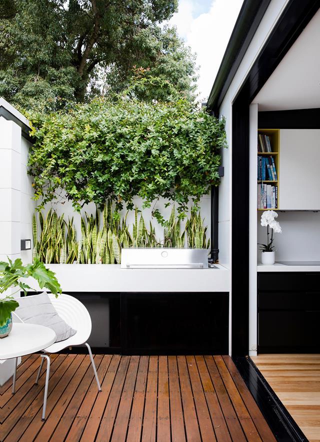 A courtyard barbecue area is essentially an extension of [this renovated worker's cottage's](https://www.homestolove.com.au/clever-renovation-sydney-workers-cottage-20341|target="_blank") kitchen. Greenery makes a beautiful contrast against the black accents.