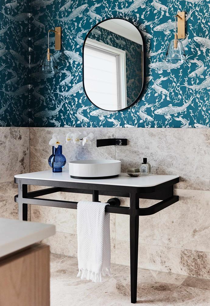 **Powder room** Centred on the spectacular wallpaper, the oval Flynn mirror from Warranbrooke pairs with an Issy Z1 Ballerina vanity unit by [Zuster](https://zuster.com.au/|target="_blank"|rel="nofollow") for [Reece Bathroom Life](https://www.reece.com.au/|target="_blank"|rel="nofollow").
