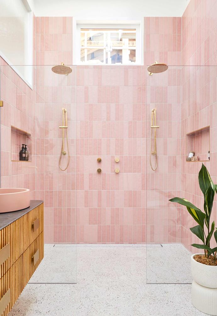 **The Block 2020: Jimmy and Tam**
<br></br> 
Jimmy and Tam stole the spotlight again during [master ensuite week](https://www.homestolove.com.au/the-block-2020-master-ensuite-reveal-21848|target="_blank"), unveiling a Palm Springs-inspired space with a "divine" pink colour palette, dual showerheads and double sinks. They were the only couple *not* to include a bathtub - a decision that confused the judges. Despite  this, Shaynna was impressed with the couple's style, "This bathroom tells me that Jimmy and Tam know exactly how to build a space that makes your heart sing."