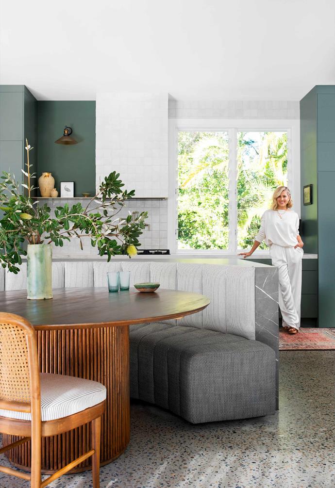 **Kitchen** Carlene loves this 'grown-up' space. Wall light and pendant, [Beacon](https://www.beaconlighting.com.au/|target="_blank"|rel="nofollow"). Table, [GlobeWest](https://www.globewest.com.au/|target="_blank"|rel="nofollow"). Custom booth by Carlene and Michael, built by Dog Thumbs. Vintage chair in Duck Stripe fabric, [The Textile & Design Studio](http://www.thetextileanddesignstudio.com.au/|target="_blank"|rel="nofollow"). Accessories, [Habitat Byron Bay](https://www.habitatbyronbay.com/|target="_blank"|rel="nofollow").