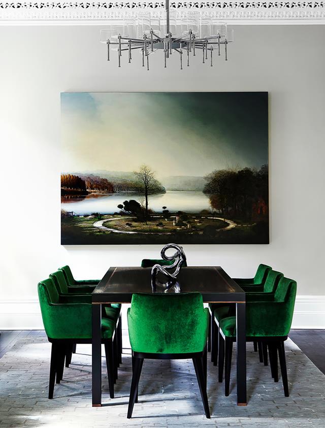 The devil is in the detail for interior designer Brendan Wong who ſinessed this [1890s home](https://www.homestolove.com.au/grand-victorian-terrace-updated-with-contemporary-furnishings-21112|target="_blank") into a modern gem. An Alexander McKenzie artwork, Bonsai, the Big Lesson, overlooks the custom-made macassar dining table by Brendan Wong and chairs upholstered in green Lelièvre 'Sultan' velvet. Robyn Cosgrove rug.
