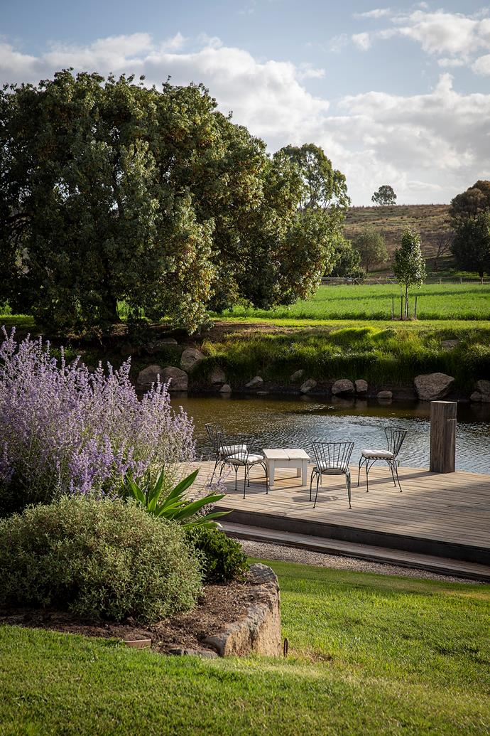 A timber deck provides an idyllic water-side setting for sunset drinks, with a mature desert ash shading the billabong. It's a favourite retreat at the end of a busy day.