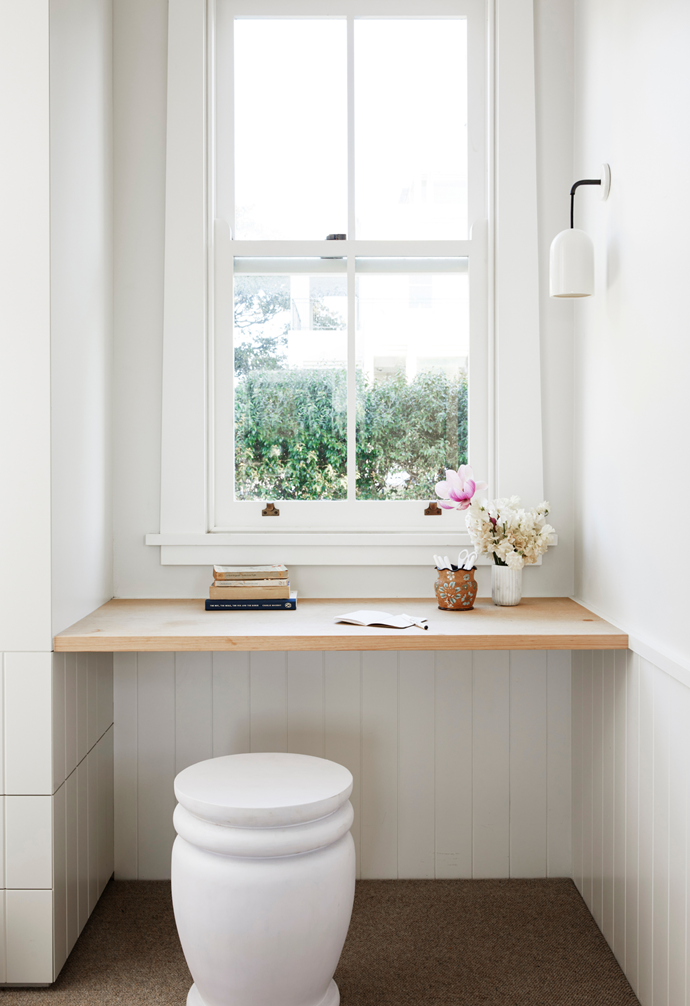 Simple joinery creates a dressing table next to Sarah and Neil's walk-in robes, with a Zali stool from Smithmade.