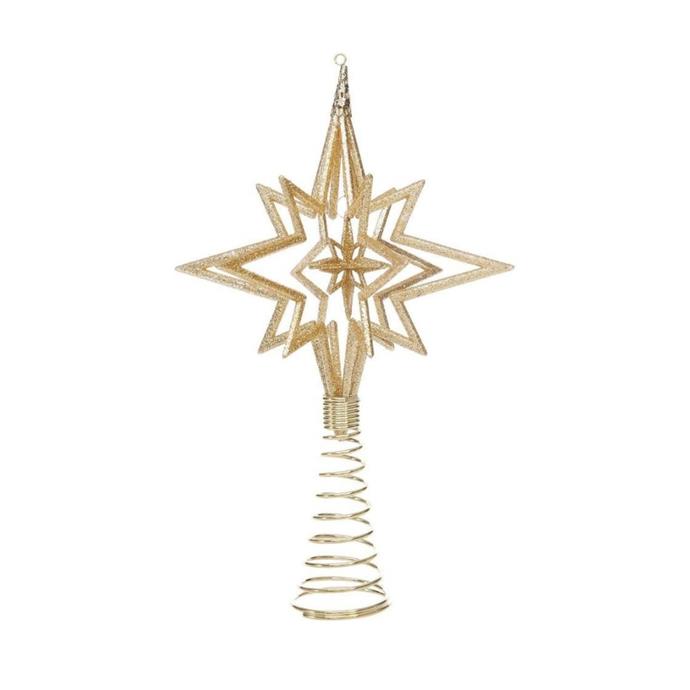 Heirloom 3D glitter gold star tree topper, $19.99, [Myer](https://www.myer.com.au/p/heirloom-3d-glitter-gold-star-tree-topper-610429690|target="_blank"|rel="nofollow")<br>
Every tree needs a topper, and this shimmering, gold star will have yours looking as magical as ever.