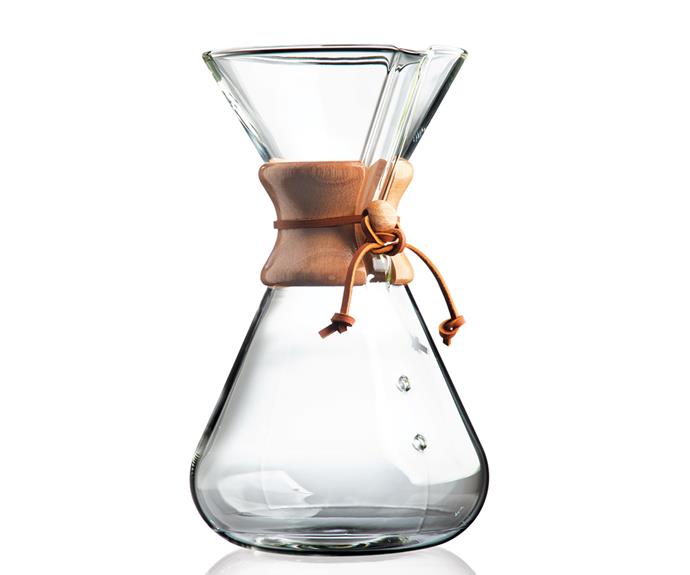 **For the foodie** Chemex 3-Cup Coffee Maker, $77, [Vittoria Coffee](https://www.vittoriacoffee.com/shop/accessories/chemex-three-cup|target="_blank"|rel="nofollow").<br>

For the die-hard coffee enthusiast in your life, Chemex delivers the perfect pour-over brewed coffee experience at home. Used with coffee filters, the unique design allows for refrigeration of your brew for reheating or using cold. The moulded wooden collar and leather tie insult and decorate in equal parts.