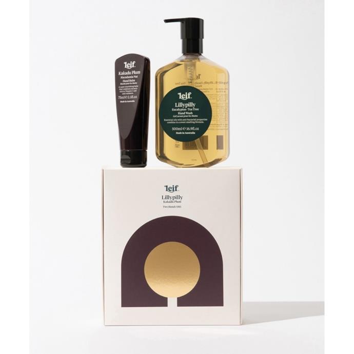 **[Leif Products Two Hands - Lillypilly SML, $56, The Iconic](https://www.theiconic.com.au/two-hands-lillypilly-sml-1092873.html|target="_blank"|rel="nofollow")**<br> 
Our hands all need a little TLC right now, and this is the perfect set to take care of them. It's also Australian-made using all vegan-friendly ingredients.