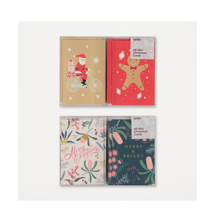 40 mini Christmas cards, $3, [Kmart](https://www.kmart.com.au/product/40-mini-christmas-cards---assorted/3240419|target="_blank"|rel="nofollow")