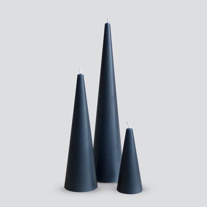 Grey Cone Candle Trio, $45, [Candle Kiosk](https://www.candlekiosk.com.au/collections/all/products/grey-cone-candle-trio|target="_blank"|rel="nofollow")<br>
Tall, elegant and dramatic, this trio of candles is a solid, structural interpretation of the humble candlestick. They are poured from high quality waxed and finished with a cotton wick, so they're durable and long-lasting.