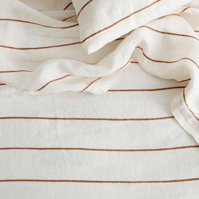 Stripes are far from boring when it comes to Cultiver's cedar stripe linens. Available in an array of table lines, bedding and cushions, we especially love this sheet set. A step up from your classic white bedding, the set will bring a little character to your bedroom. 
<br><br>
Queen Linen Sheet Set with Pillowcases - Cedar Stripe, $495, [Cultiver](https://cultiver.com.au/products/linen-sheet-set-with-pillowcases-cedar-stripe?variant=32891310800919|target="_blank"|rel="nofollow")