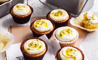 Banana cakes with passionfruit cream-cheese icing