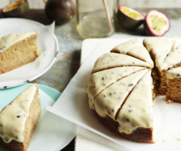 Sliced banana cake with passionfruit icing