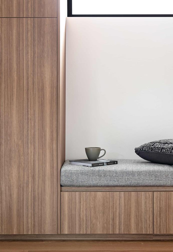**Entry** This is the perfect space for visitors to sit and remove their shoes. The long seat cushion over the storage drawer is upholstered in Banyan Indigo fabric by [Wortley Group](https://wgshowroom.com.au/|target="_blank"|rel="nofollow").