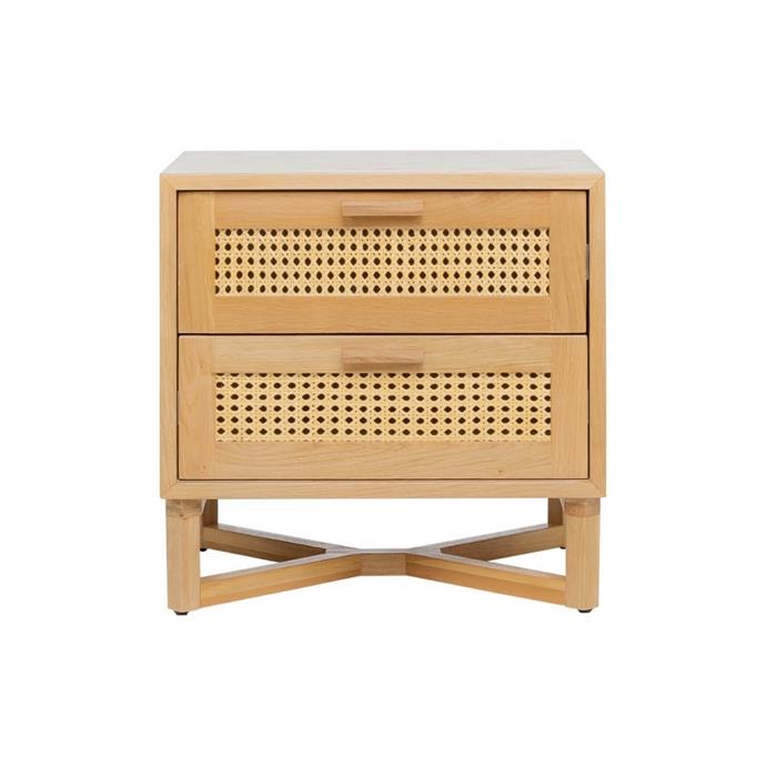 **[Raffles bedside table, $407, Freedom](https://www.freedom.com.au/product/24143967|target="_blank"|rel="nofollow")**<br>
Taking cues from British colonial design, the Raffless bedside table is an on trend yet timeless table that will fit in beautifully in a variety of bedroom styles. The design has been crafted from pieces of honey coloured solid oak, engineered wood and veneer and features two soft-close drawers, each with hand-woven rattan panels. **[SHOP NOW.](https://www.freedom.com.au/product/24143967|target="_blank"|rel="nofollow")**