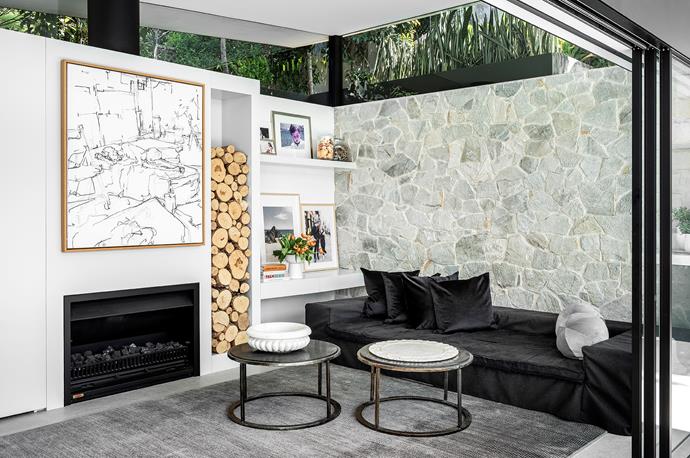 Family room Avalon stone cladding, Surface Gallery. Coffee tables, Manyara Home. Jetmaster fireplace, Universal Fires. Artwork by Stefan Dunlop. Rug, Robyn Cosgrove.