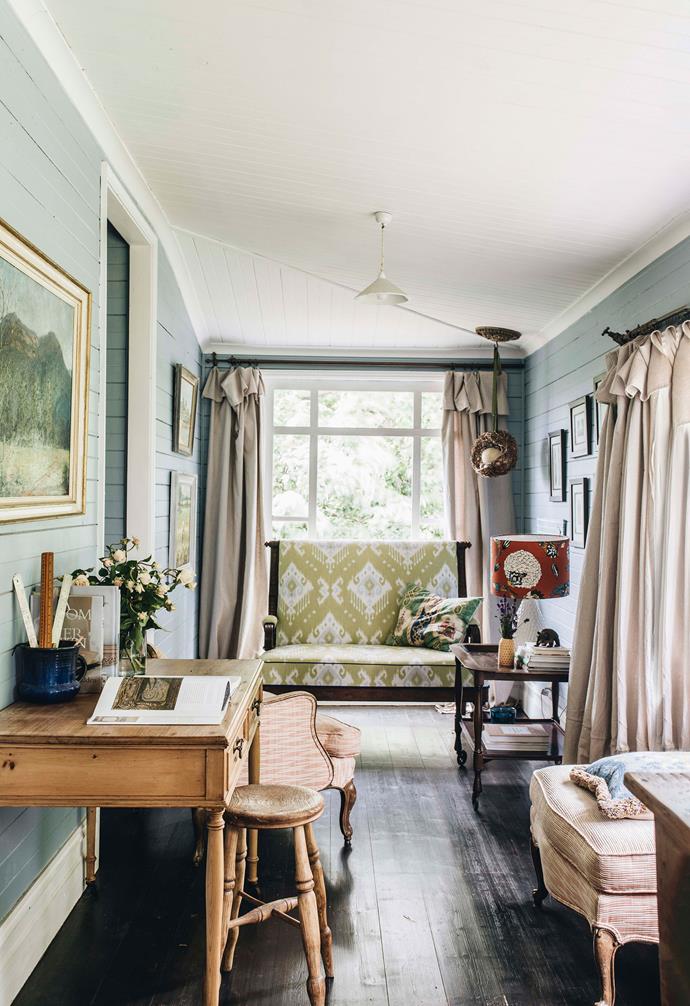 As someone who collects and forages for a living, [Dirty Jane's Jane Crowley](https://www.homestolove.com.au/dirty-janes-bowral-founder-home-22323|target="_blank") is no stranger to colour and personality. Admitting she has to practice restraint when selecting which sourced items to bring into her home rather than taking them to her renowned store, Jane's interiors hit just the right spot between sparseness and clutter, resting somewhere in a palette of blues, greens and muddy neutrals – serene, relaxing and oh-so-country.
