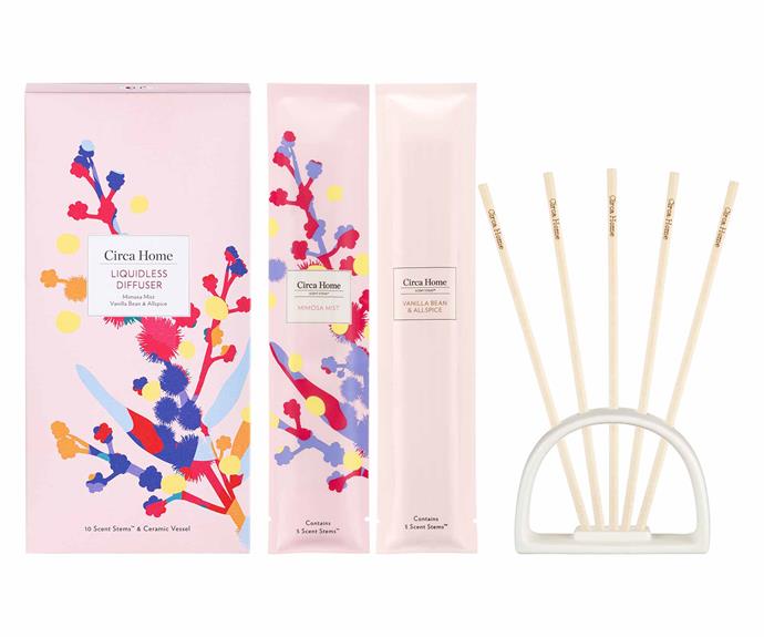 **Mimosa Mist Liquidless Diffuser Set, $39.95, [Circa Home](https://circahome.com.au/collections/mimosa-mist/products/mimosa-mist-vanilla-bean-and-allspice-liquidless-diffuser-set|target="_blank"|rel="nofollow")**.<br><br>Ideal for adding a beautiful fragrance to any room while making a bold aesthetic statement, Circa Home's liquidless diffusers are beautiful decor pieces in their own right. Mimosa Mist is the latest limited edition offering from Circa Home and pairs vibrant citrus notes with sandalwood and the scent of the sea.